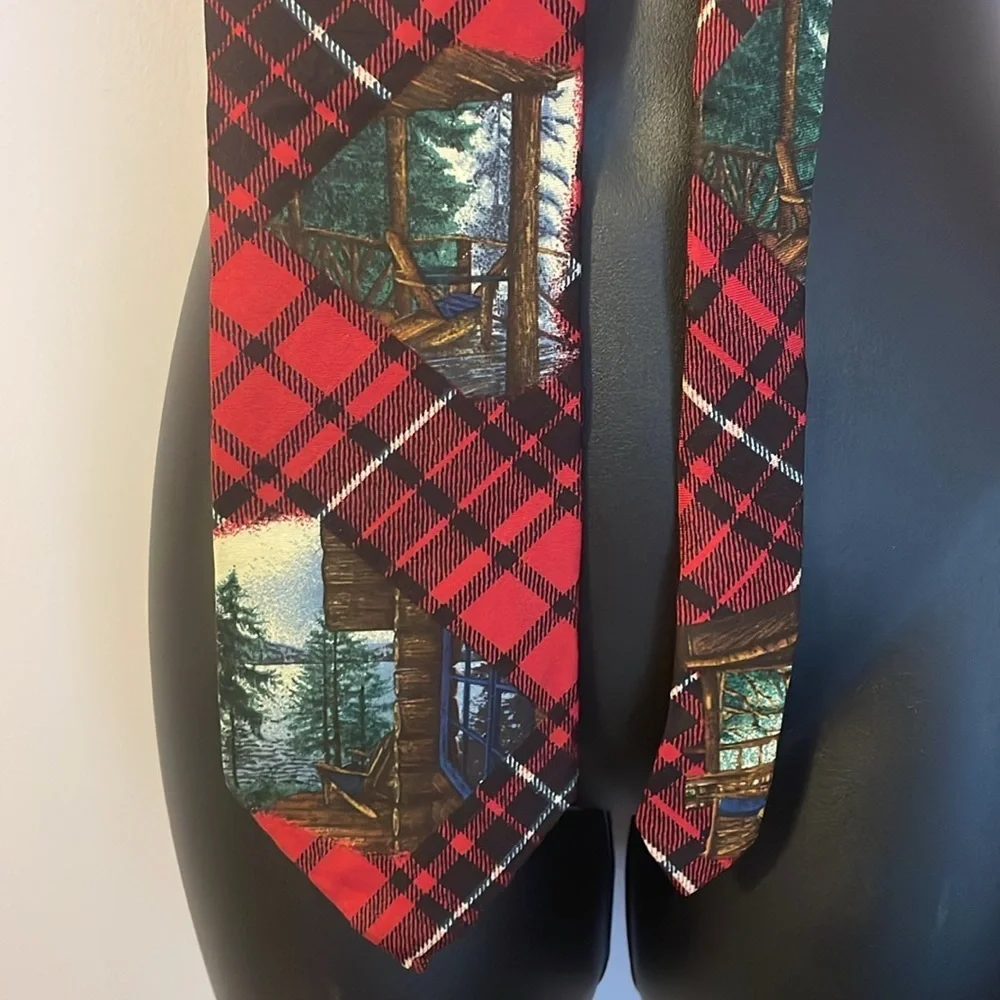 Structure Silk Italian Fabric Vintage Red Plaid Cabin in Woods Necktie Tie